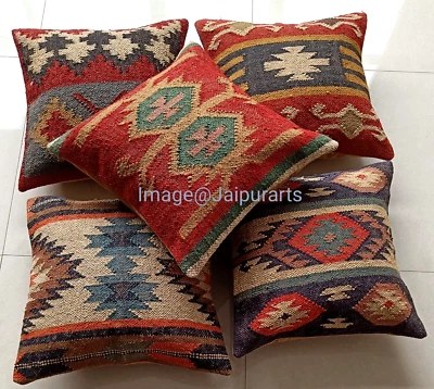 4 Pcs Indian Kilim Jute Cushion Cover Handmade Home Deco Jute Pillow Case 18x18" - Image 1 of 4