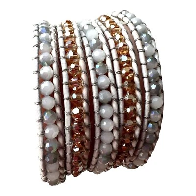 Victoria Emerson Leather Wrap Bracelet Quartz Crystal Beads 36" White Rose Gold - Imagem 1 de 4