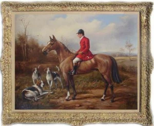 Old Master-Art Antique Oil Painting hunting aga horse dog on canvas 30"x40" - Picture 1 of 2