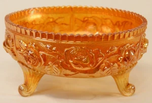 Antiguo tazón de vidrio de carnaval con patas de color naranja vidrio diseños de flores - Imagen 1 de 12