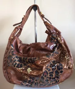 Galian Handbag Purse Brown Sequins Animal Print Large Slouchy Hobo - Picture 1 of 12