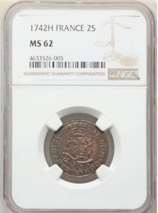 1742H-France 2 Sols-La Rochelle Mint-Louis XV-Rare (26,000 minted) (MS 62-NGC) - Picture 1 of 2