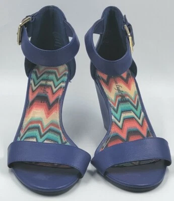American Eagle Blue Wedge Pump Heel Ankle Strap Peep Toe Woman's Size 5-1/2 W - Image 1 of 4