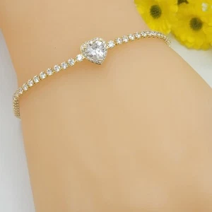 14K Gold Plated Icy CZ Heart Love Bracelet. Tennis Style. Elegant. Oro Laminado. - Picture 1 of 5