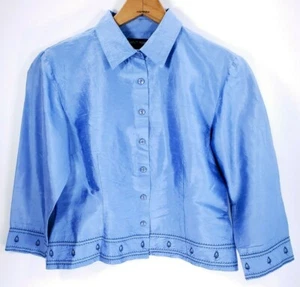 Ann Taylor Jacket Women's 10 Blue Silk Embroidered Button Front Long Sleeve - Picture 1 of 9