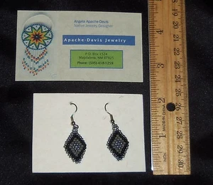 Yurok Native American Earrings - Brick Stitched Diamond Design Sliver and Black  - Picture 1 of 1