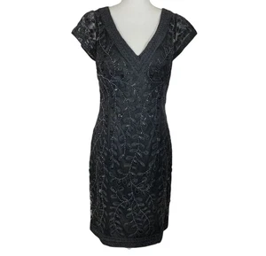 Sue Wong 6 Nocturne Kleid schwarz Perlen VNeck Pailletten Blatt bestickt transparenter Rücken - Bild 1 von 13