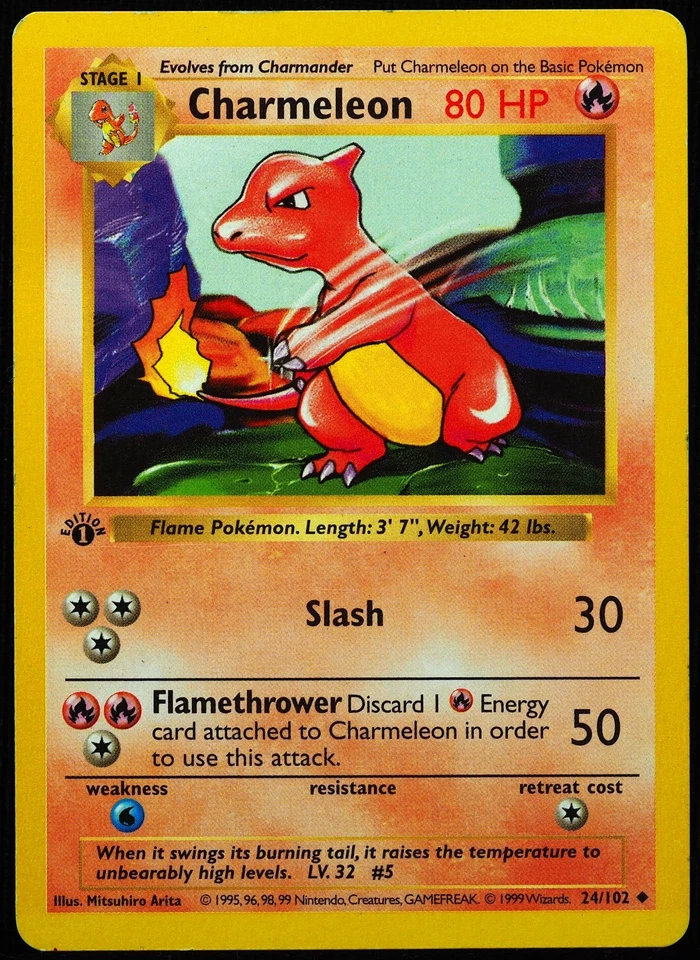1st Edition Shadowless Charmeleon 24/102 LP Pokemon Card - Image 1 of 3