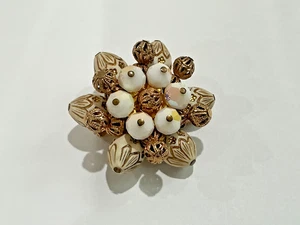 Vintage cluster AB (aurora borealis) milk glass beads and gold trimmed brooch - Picture 1 of 5