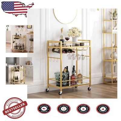 Stunning Gold Bar Cart, Kitchen Serving Cart, Wine Rack, Glass Holder, Mobile - Image 1 of 4