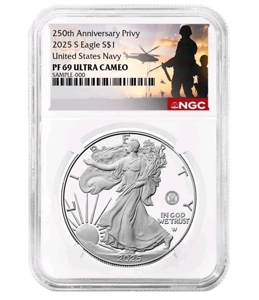 Etiqueta militar 2025-S Proof $1 American Silver Eagle Navy Privy NGC PF69UC - Imagem 1 de 2