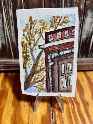 Original ACEO Miniature Watercolor and Ink “Brownstone and Aspen” Painting - Image 1 of 4