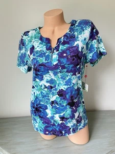 Maglione Rafaella 1/4 Zip Top L Coastal Teal Blu Viola Stampa Floreale Acquerello - Foto 1 di 9