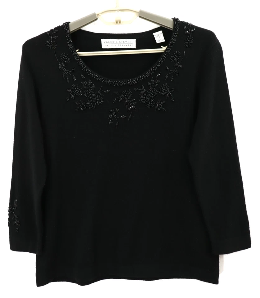 Suéter suéter de cachemir negro con cuentas VALERIE STEVENS para mujer manga 3/4 M Foto 1 de 4