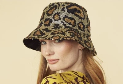 Lentejuelas reversibles con estampado de leopardo/negro sólido Sombrero de cubo OS Foto 1 de 4