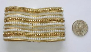 Wide Fashion Bracelet Gold and White Beads Magnetic Closure - Picture 1 of 1