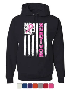 Survivor Pink Ribbon US Flag Hoodie Breast Cancer Awareness Sweatshirt - Picture 1 of 8