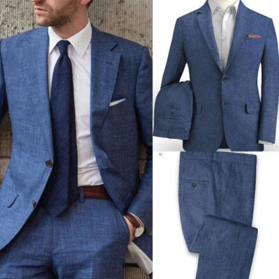 Men Linen Suits Peak Lapel Business Wedding Groom Casual Blazer Tuxedos Customed - Image 1 of 4
