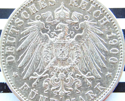 GERMAN 5 Mark 1900 J States HAMBURG Hansestadt Silver Coin EMPIRE WW1 RARE - Image 1 of 4