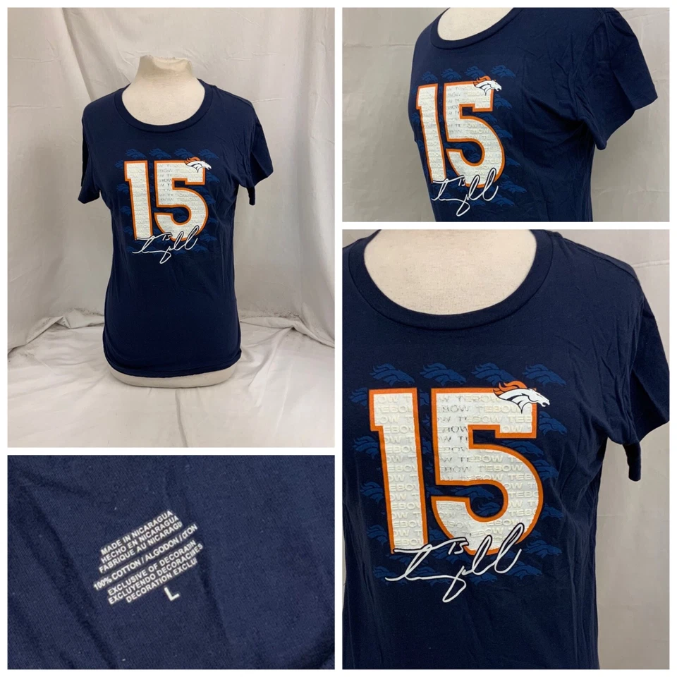 Denver Broncos T 恤 L 蓝色 100% 棉短袖 Crew 全新无标签 YGI P2-327 — 第 1/4 张图片