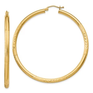 Real 14kt Yellow Gold Satin and Diamond-cut 3mm Round Hoop Earrings - Picture 1 of 6
