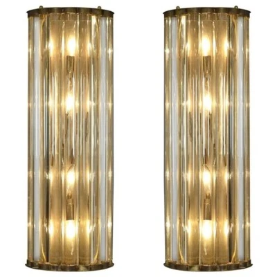 Midcentury Italian Brass Glass Rod Wall Sconces Golden Lamp Fixtures Set of 2 - Image 1 of 4