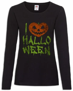 I Love Halloween Damen Langarm T-Shirt Pumpkin Nightmare Witch Black Magic - Picture 1 of 1