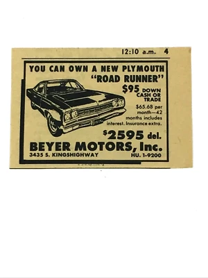 原装全新 1968 年 Road Runner 每月 65 美元印刷广告 Beyer Motors,圣路易斯 — 第 1/4 张图片
