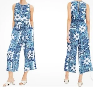 NWT LOFT Paisley Keyhole Wide Leg Jumpsuit Blue & White Pockets Belt Size XL - Picture 1 of 12