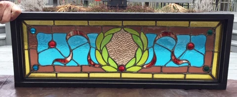 Antique STAINED LEADED TRANSOM WINDOW W/ WREATH & RIBBONS Cover
