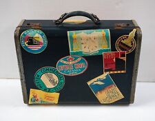 Vintage Valise Bagage en toile bleue, finitions en cuir, avec vintage travel stickers