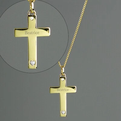 WORKS OF WISDOM Personalised 9ct Gold Cross with Sterling Silver Heart & CZ Necklace