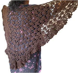 Brown shimmer BRIDAL crochet LACY KNIT scarf PRAYER shawl triangle WRAP SHELLS - Picture 1 of 10