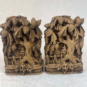 VTG Syroco Wood Oak Leaf Acorn Bookends Brown Pair Pressed Wood Rustic 5.75" - Picture 1 of 12