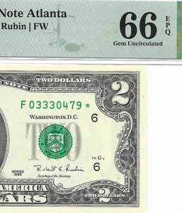1995 $2 ATLANTA * STAR * ⭐️ FRN. PMG GEM Uncirculated 66 EPQ Banknote. 1st of 2 - Picture 1 of 3