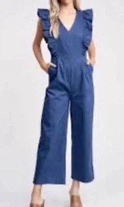 En Saison Denim Stretch Ruffled High Rise Wide Leg Crop Jumpsuit M - Picture 1 of 8