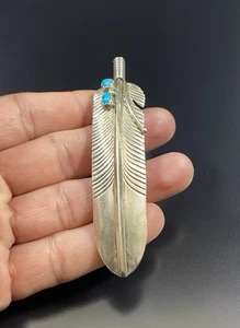 Robert Vandover VTG Native American Sterling Turquoise Feather Hair Barrette #2 - Picture 1 of 8