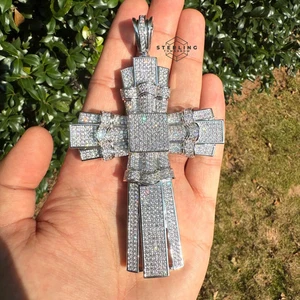 Extra Large Cross Iced Out 14K White Gold Finish Pendant + 5mm Steel Rope Chain - Picture 1 of 6