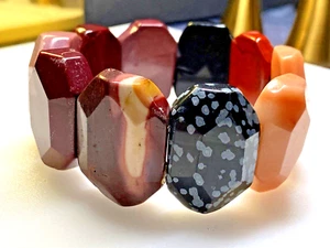 Vintage Red Jasper and Snowflake Jasper Bracelet Elastic Band 113g - Picture 1 of 11