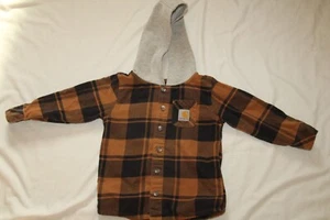 CARHARTT HOODED HOODIE BOYS BUTTON DOWN PLAID FLANNEL JACKET/SHACKET SIZE 4 - Picture 1 of 4