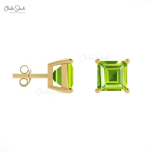 Solid 14k Gold Prong Set 4mm Square Cut Natural Peridot Push Back Stud Earrings - Picture 1 of 22