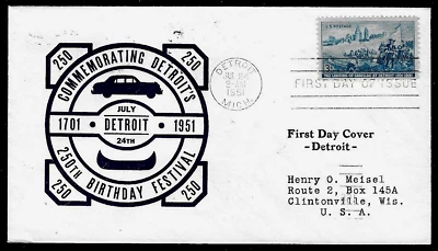 1000 3c Stamp (1951) CADILLAC LANDING AT DETROIT FDC FROM MEISEL & BUTZEN - Image 1 of 2