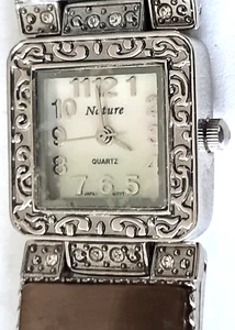 Vintage Ladies Nature Quartz Watch w Crystal Bezel Turquoise & Earth Tone Band - Picture 1 of 8