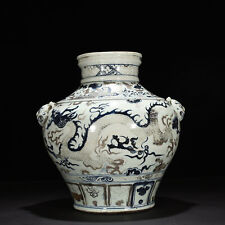 14.6" Old Antique yuan dynasty Porcelain Blue white Silvering Dragon phoenix pot