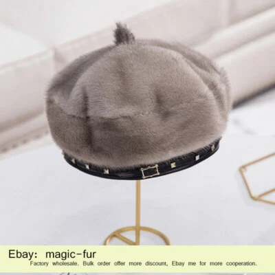 Luxury Women Whole Full Mink Fur Hat Beret Rivet Pumpkin Hat Warm Peaked Cap - Image 1 of 4