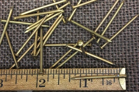 OLD 1 1/4” BRASS BRADS 25 NAILS 1/8” head vintage 15 gauge Escutcheon pins Cover