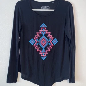 Panhandle Top Aztec Puff Print Long Sleeve Medium Black Stretch Western Rodeo - Picture 1 of 5