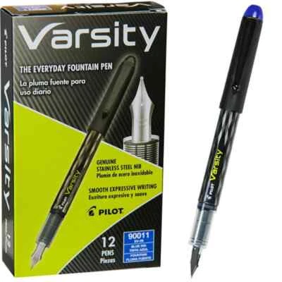 Pilot Varsity Fountain Pen Box/12 Med Nib Black Barrel Blue Ink Office School - Image 1 of 2