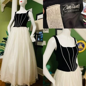 Vintage ZUM ZUM Tulle Corset Black White Party Dress Gown USA S/M 26 Waist Prom - Picture 1 of 8