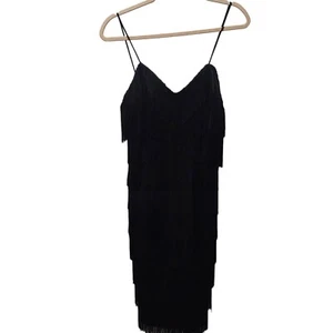 New Leaf Vintage 80’s Black Flapper Fringe  Dress Size 10 12 M - Foto 1 di 6